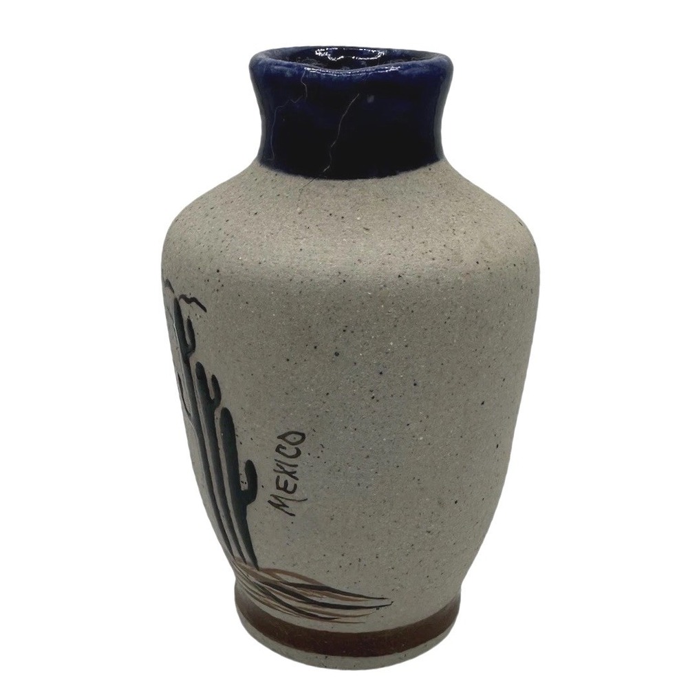 Mexico Pottery Bud Vase Hand Painted Desert Scene Blue Rim Small - Picture 2 of 7